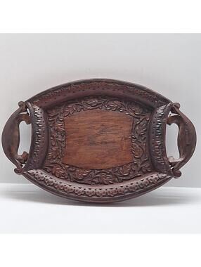 Vintage Hand Carved Decorative Wooden Tray 12.5" X 8"